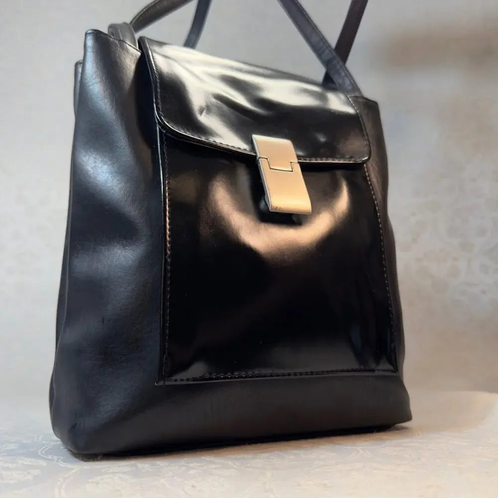 Faux Leather Sleek Black Shoulder Bag Silver Hardware